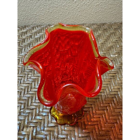 Vintage Fento Amberina  Glows Glass Vase Ruffle Edge Glows Pedestal Base Roses - Picture 6 of 10